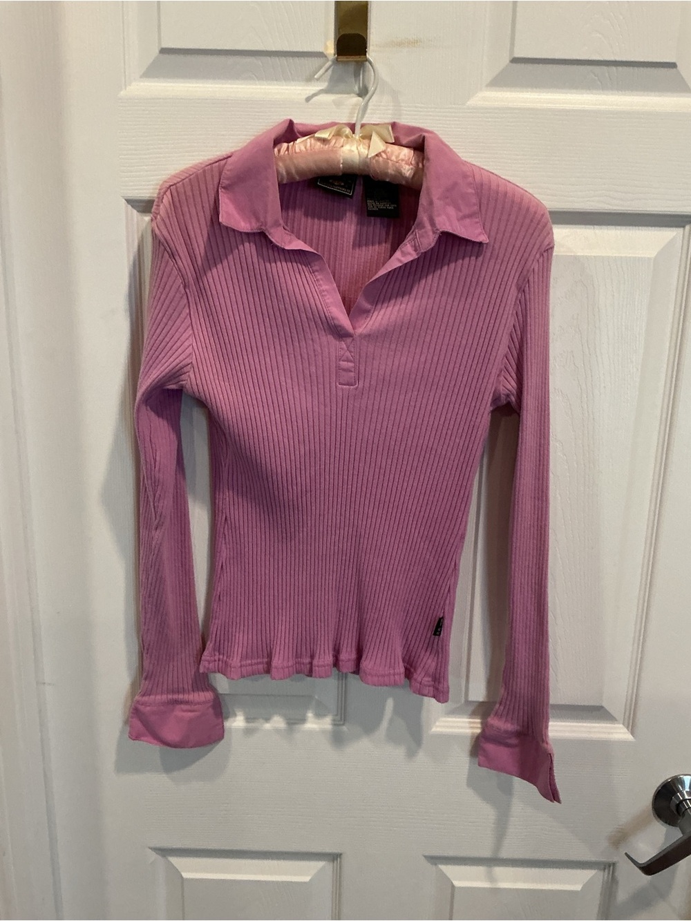 Route 66 Ribbed Collared Long-Sleeve Top - Pink